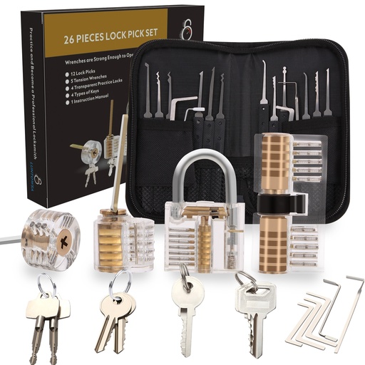 LUNTOWSA Lock Pick Set 26-Piece Lock Picking Tools Lock Picks Kit with 4 Transparent Padlock for Beginner and Locksmith Training (Transparent)